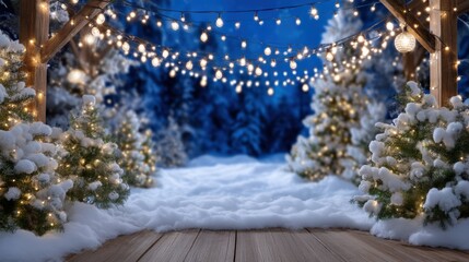 Wall Mural - Snow-covered trees with string lights create a festive, winter wonderland ambiance under a wooden pergola, set against a deep blue evening sky.