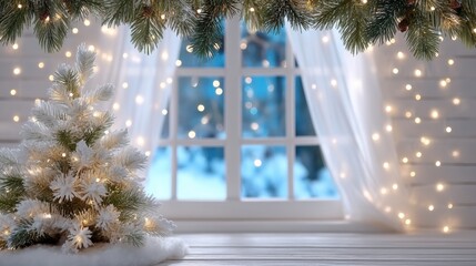 Wall Mural - Cozy winter scene with a snow-covered Christmas tree and twinkling lights by a frosted window, creating a festive holiday atmosphere.