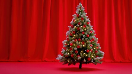 Wall Mural - Festive Christmas tree adorned with red baubles and lights against a vibrant red curtain backdrop.