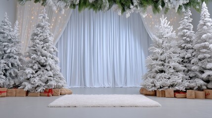 Wall Mural - Festive winter scene with snow-covered Christmas trees, wrapped gifts, and twinkling lights against a white curtain backdrop.