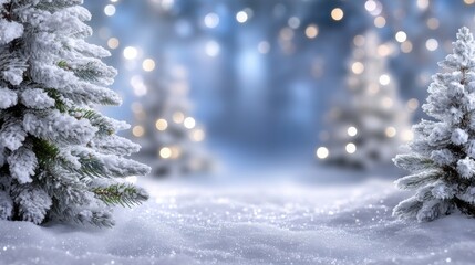 Wall Mural - Snow-covered evergreen trees with blurred bokeh lights in a winter wonderland setting, creating a serene and festive holiday atmosphere.