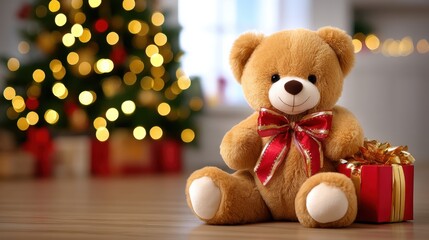 Wall Mural - a cute teddy bear with a red bow sits beside a gift box in front of a decorated christmas tree with 