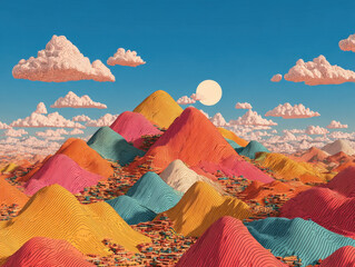 Poster - Surreal Landscape with Colorful Mountains and Clouds