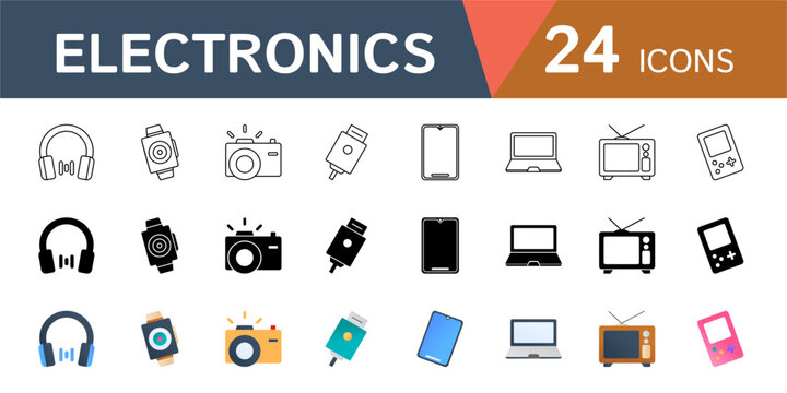 A web icon set for an electronics theme. Design symbols for cameras, smartphones, laptops, TVs, and more.