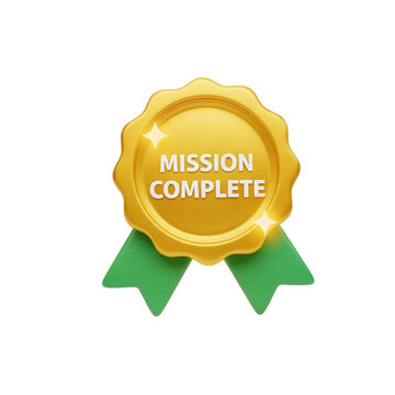 Generic mission complete badge with green ribbons against a transparent background. This 3D rendered illustration features a shiny award, ideal for success or achievement themes.