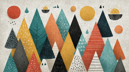Poster - Stylized Mountain Landscape with Geometric Shapes and Earthy Tones