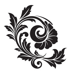 Elegant black floral ornament with scroll design and leaf motif on a white background
