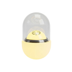 Poster - An illuminated capsule-shaped object with a partially transparent top half and a glowing interior on a black background. The object's base is light yellow with a silver band.