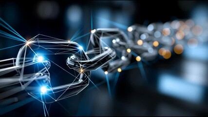 Poster - A chain of links with a blue light shining on it. The chain is made of metal and is connected to a larger chain