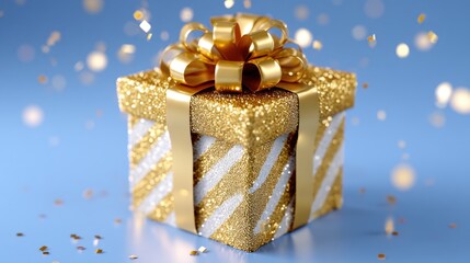 Wall Mural - Sparkling gold and white gift box with a shiny bow on a blue background, surrounded by festive confetti.