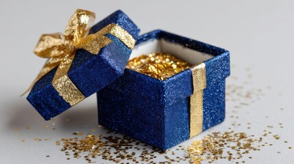 Wall Mural - A blue glittery gift box with a golden ribbon is open, revealing gold confetti spilling out on a light background.