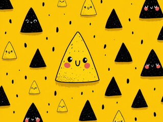Poster - Cute Cartoon Triangle Pattern - Happy and Sad Characters on Yellow Background