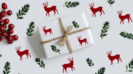 Wall Mural - Festive gift wrapped in white paper with red reindeer and green foliage pattern, tied with twine, surrounded by red berries and evergreen sprigs.