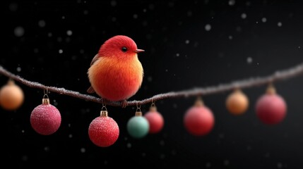 Wall Mural - A vibrant red and orange bird perches on a snow-dusted branch adorned with colorful Christmas ornaments against a dark, snowy background.