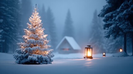 Poster - Snow-covered Christmas tree with glowing lights and lanterns in a serene winter landscape, featuring a cozy cabin in the background.