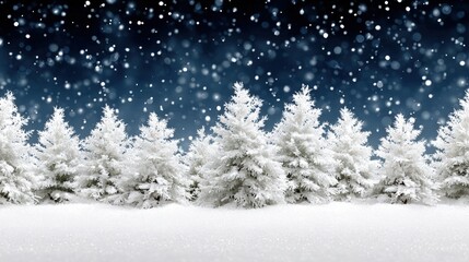 Wall Mural - Snow-covered evergreen trees under a starry night sky with falling snowflakes, creating a serene winter wonderland scene.