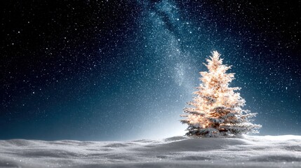 Wall Mural - A snow-covered Christmas tree glows warmly under a starry night sky, creating a serene winter wonderland scene.