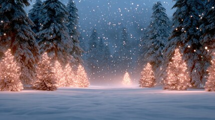 Wall Mural - Snow-covered trees adorned with warm lights create a magical winter wonderland scene as gentle snowflakes fall in a serene forest setting.