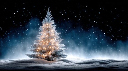 Wall Mural - A snow-covered Christmas tree adorned with lights stands in a serene, snowy landscape under a dark, starry sky.