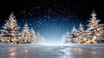 Wall Mural - Snow-covered trees with glowing lights line a serene, icy path under a starry night sky, creating a magical winter wonderland scene.