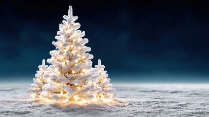 Wall Mural - A beautifully lit white Christmas tree stands on a snowy landscape against a dark, serene night sky.