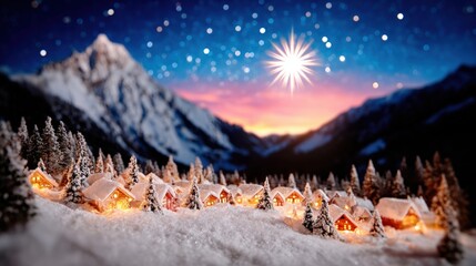 Poster - Snow-covered village with glowing lights beneath a starry sky and mountains, capturing a serene winter night.