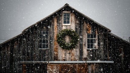 Wall Mural - Rustic barn facade adorned with a festive wreath, surrounded by falling snowflakes, creating a serene winter scene.