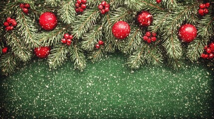 Wall Mural - Festive Christmas background with pine branches, red baubles, and berries covered in snow on a green backdrop.