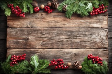 Wall Mural - Rustic wooden background with festive evergreen branches, pinecones, and red berries, creating a Christmas holiday border.