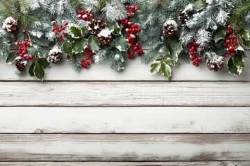 Wall Mural - Festive Christmas garland with pinecones, berries, and holly on a rustic white wooden background.