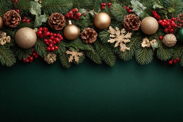 Wall Mural - Festive Christmas decoration with pine branches, red berries, gold ornaments, and pinecones on a dark green background.