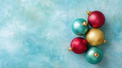 Wall Mural - Colorful Christmas ornaments on a textured blue background, featuring red, gold, and teal baubles arranged in a cluster.