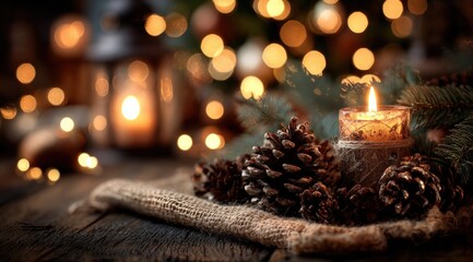 Poster - rustic christmas scene with a lit candle, pinecones, and festive bokeh lights, creating a warm, cozy