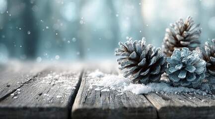 Wall Mural - Frosted pine cones rest on a snowy wooden surface, with a blurred winter background and gentle snowfall creating a serene, festive atmosphere.