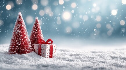 Wall Mural - Festive scene with red Christmas trees and a gift box in the snow, set against a sparkling, snowy background.