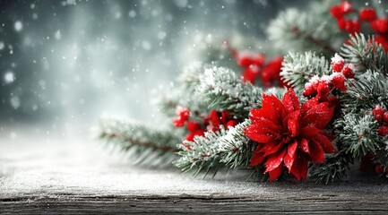 Wall Mural - festive red poinsettia and snow-dusted pine branches on a rustic wooden surface, with a wintery back