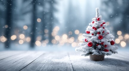 Wall Mural - Snow-covered Christmas tree with red ornaments on a wooden surface, with a blurred snowy forest and bokeh lights in the background.