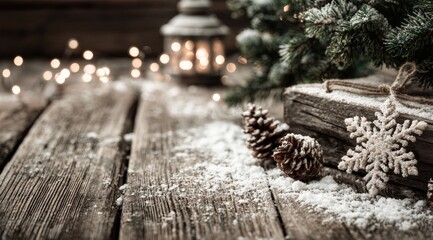 Wall Mural - Rustic wooden table adorned with snow-covered pinecones, a snowflake ornament, and evergreen branches, evoking a cozy winter holiday atmosphere.