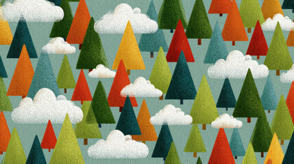 Poster - Colorful Trees and Clouds Pattern - Playful Forest Illustration