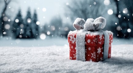 Wall Mural - A red gift box with white snowflake patterns and a frosty ribbon sits on a snowy ground, surrounded by falling snowflakes and blurred winter trees.