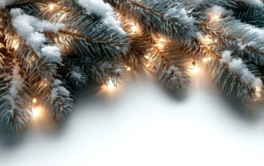 Wall Mural - Snow-covered pine branches with warm glowing Christmas lights create a festive winter holiday atmosphere against a white background.
