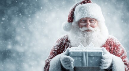 Wall Mural - Santa Claus holds a gift box in snowy weather, wearing a red suit and glasses, spreading holiday cheer.