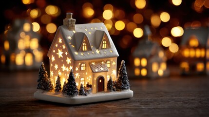 Wall Mural - A cozy ceramic house with glowing star patterns, surrounded by miniature snow-covered trees, set against a warm, bokeh light background.