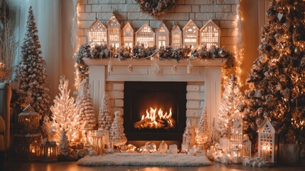 Wall Mural - Cozy Christmas fireplace scene with glowing decorations, snowy trees, and miniature houses, creating a warm holiday atmosphere.