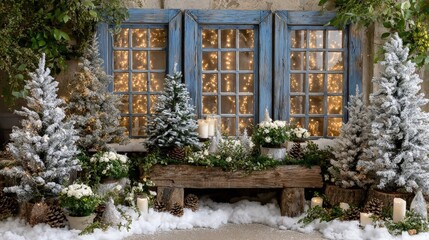 Wall Mural - festive winter scene with snow-covered trees, rustic blue windows, and warm lights, surrounded by gr