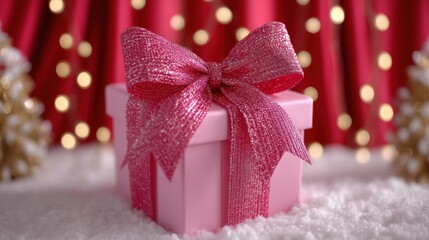 Wall Mural - Pink gift box with a sparkling bow sits on snow against a festive red background with golden bokeh lights, evoking holiday cheer.