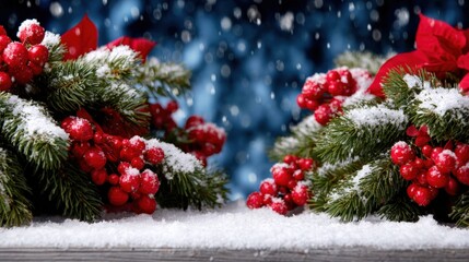 Wall Mural - Festive Christmas wreaths adorned with red berries and snow, set against a blurred blue background, capturing the essence of winter and holiday spirit.