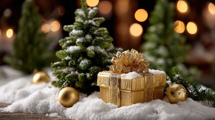 Wall Mural - A golden gift box with a bow sits in snow, surrounded by decorated Christmas trees and ornaments, evoking a festive holiday atmosphere.