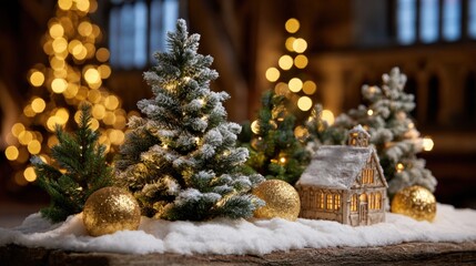 Poster - festive miniature christmas scene with snow-dusted trees, glowing lights, a small house, and golden 