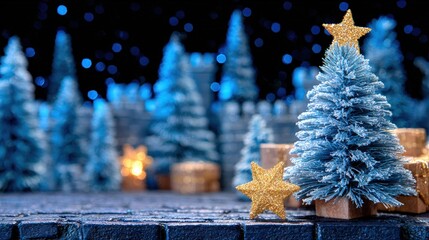 Wall Mural - Festive scene with blue Christmas trees and golden stars, surrounded by blurred lights and gift boxes, creating a magical holiday atmosphere.